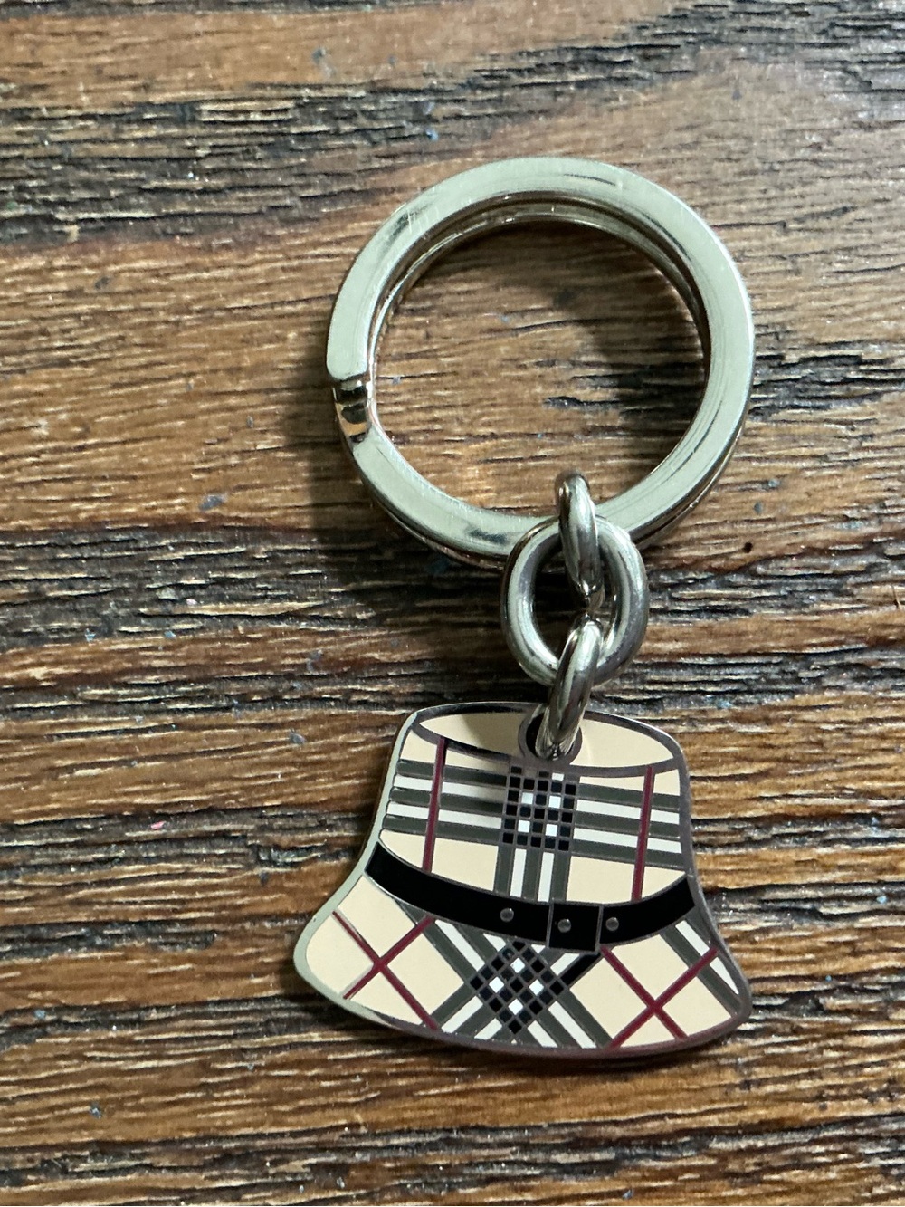 Burberry Beige Plaid Bucket Hat Keyring with Silver Hardware
